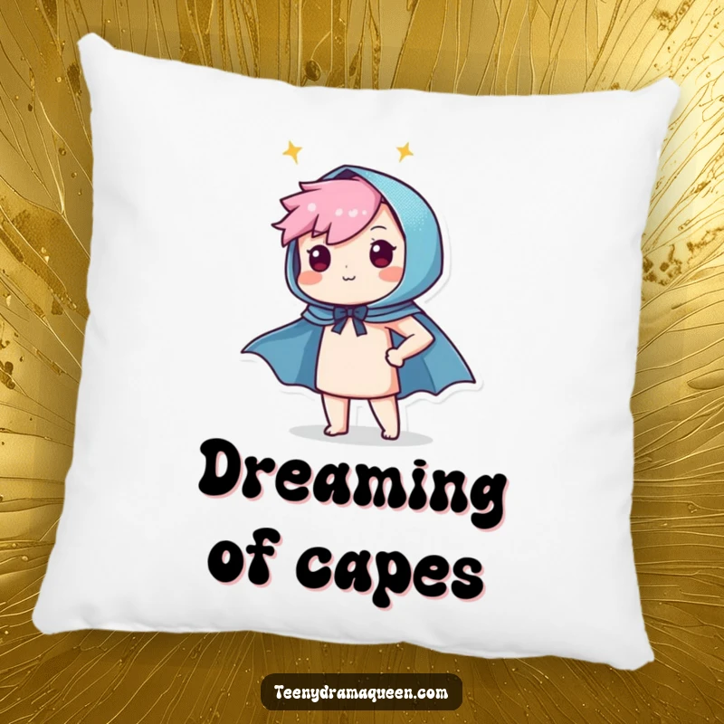 Funny pillow showcasing a proud character as they throw on a tiny, sparkly cape, perfect for heroic relaxation.