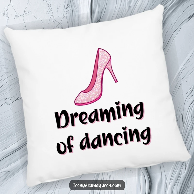 Funny pillow with a sparkly stiletto shoe performing a grand jeté, offering soft comfort and elegant, humorous decor.