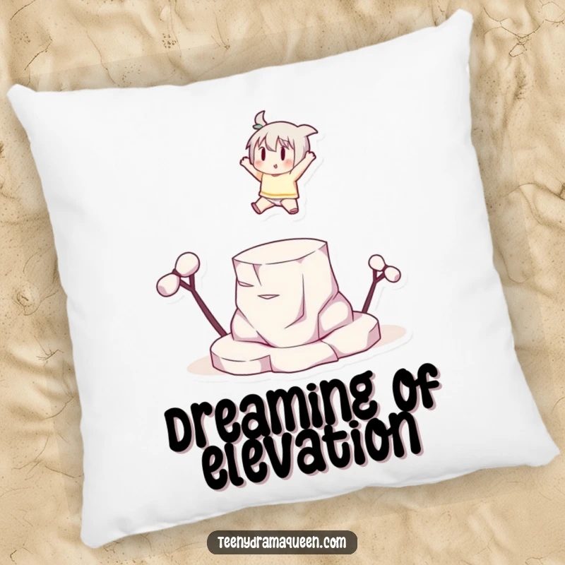 Funny small character leaping dramatically onto a tiny elevated platform with a flourish, offering comfort with a side of triumphant humor.