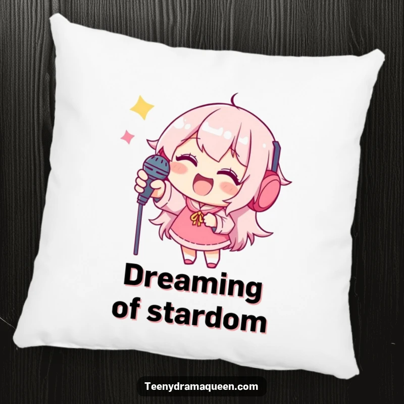 Funny pillow, a joyful character stretching a hand towards a tiny microphone, illustrating humorous aspiration.