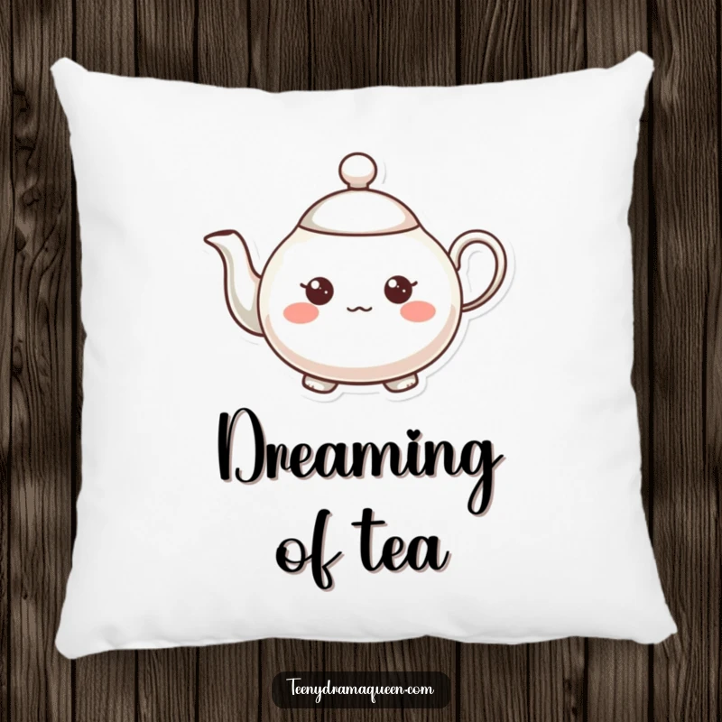 Funny teapot character pillow, very small, expressive, tiny raised spout, providing cute and humorous comfort.