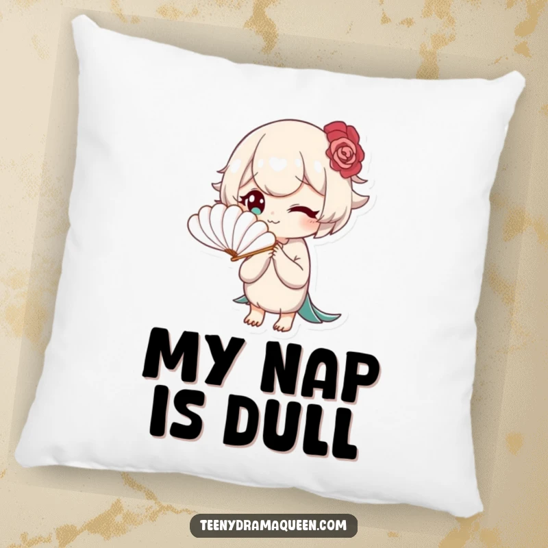 Funny pillow depicting a character elegantly fanning themselves with a tiny feather fan, offering comfort and humorous boredom.