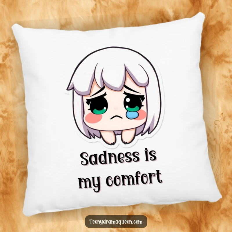 Funny pillow, an exaggeratedly sad character with a single tear, offering comfort and comedic relief.