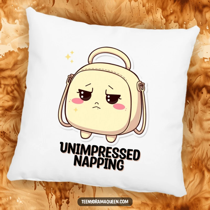 Funny decorative pillow featuring a sparkly handbag character looking unimpressed, bringing cozy sass.