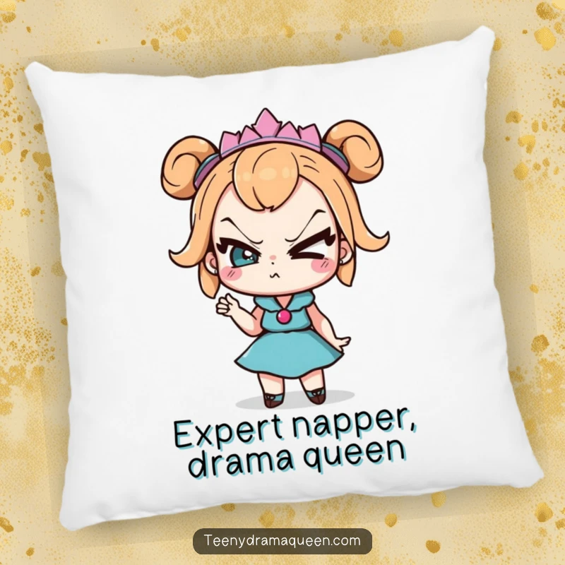 Funny Pillow: Teeny drama queen character with exaggerated eye roll and sassy pose, perfect for adding dramatic flair to any sofa.
