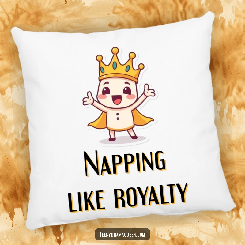 Funny crown character pillow, tiny, wobbly, dramatic gesture, adding theatrical humor to comfort.