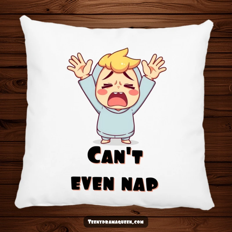 Funny pillow featuring a character throwing its hands up in an exaggerated gesture of comical exasperation.