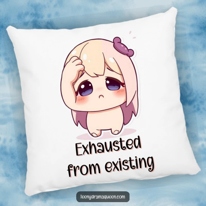 Funny pillow featuring a cute character in a hilariously staged faint, hand to forehead, eyes wide, adding comical relief to any room.