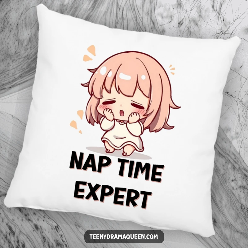 Funny Pillow: Small character dramatically fainting with a flourish, perfect for adding humorous theatrical flair to any cushion.