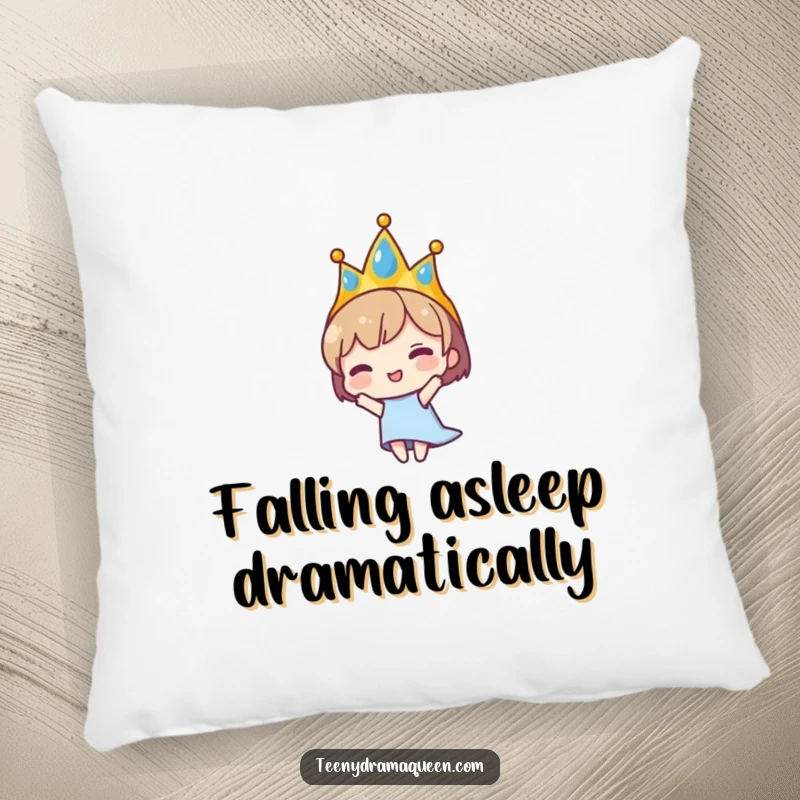 Funny pillow featuring a small crowned character dramatically falling. Soft, humorous, and perfect for adding a theatrical chuckle to any room.