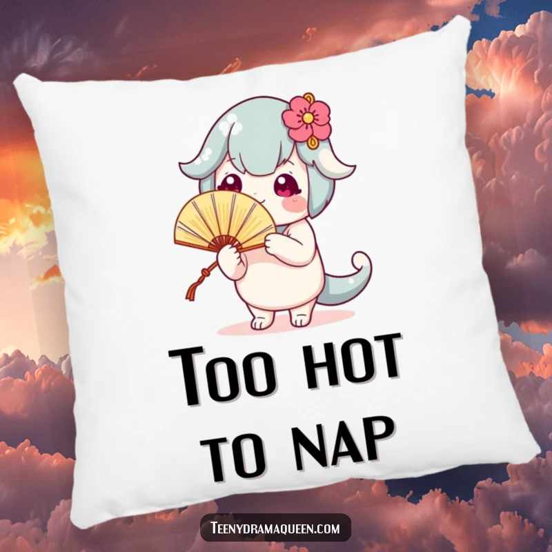 Funny pillow with a cute character fanning itself theatrically, providing comfort and a humorous visual accent.