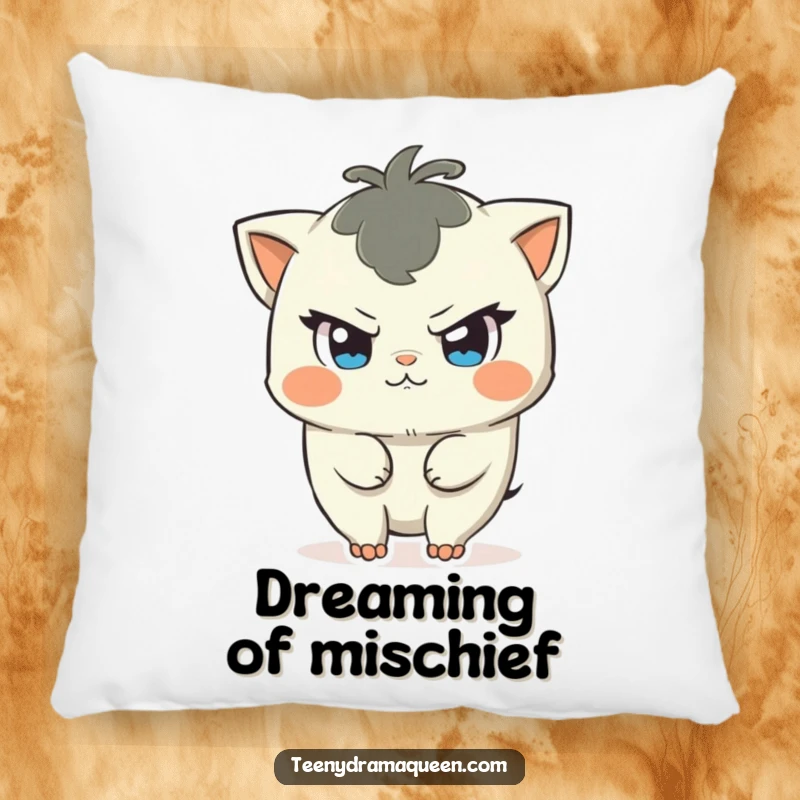 Funny pillow depicting a character with a mischievous glint, about to cause a small commotion, offering cozy comfort and humor.