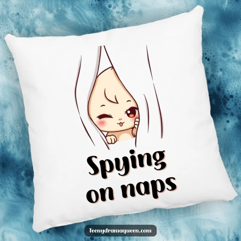 Funny pillow featuring a mischievous character peeking from behind a curtain, offering comfort and a touch of playful humor.