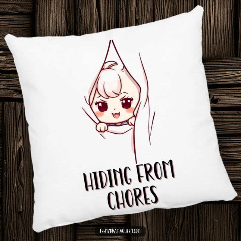 Funny pillow featuring a character peeking from behind a curtain with a mischievous and intriguing smirk.
