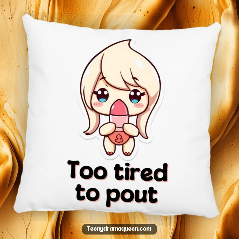 Funny Pillow with a tiny lipstick character looking unimpressed and chic, offering humorous comfort and sassy vibes.