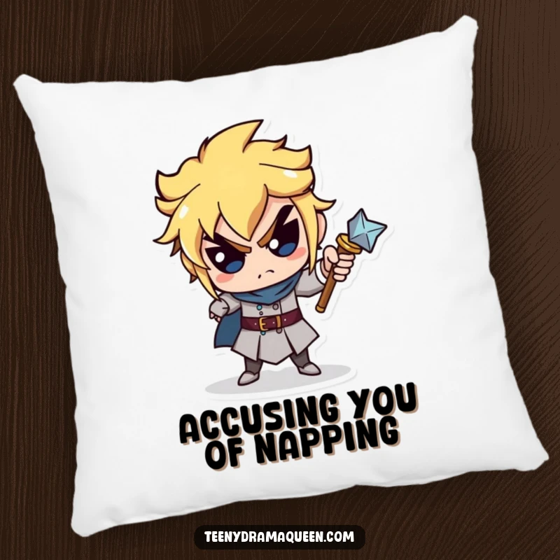 Funny pillow with a miniature scepter character pointing accusingly, offering soft and humorous royal blame. Perfect funny gift.