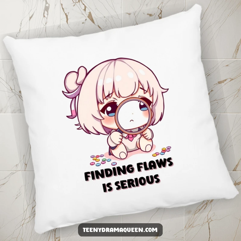 Funny pillow featuring a character using a small magnifying glass to intently study a solitary sequin, emphasizing a humorous focus on minutiae.