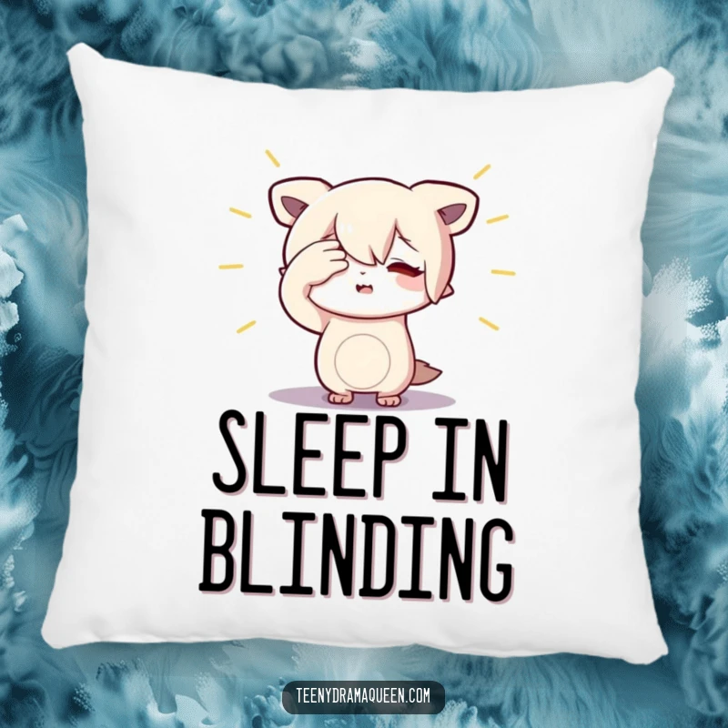 Funny Character Pillow: Soft cushion featuring a small figure dramatically shielding their eyes from an imaginary spotlight.