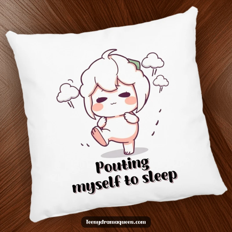 Funny Pillow design of a character stomping its foot with a pout, surrounded by tiny storm clouds, a cozy and humorous representation of displeasure.