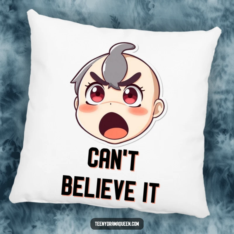 Funny pillow featuring a character's face in a state of hilarious, wide-eyed, open-mouthed shock and surprise.