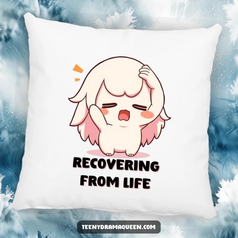 Funny swooning kawaii pillow, a soft cushion featuring a character dramatically fainting, for expressive comfort and humor.