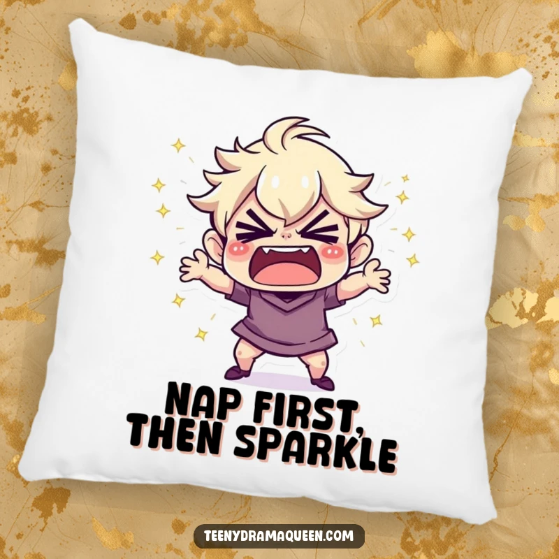 Funny Pillow: Tiny character throwing a tiny, sparkly tantrum, perfect for adding humorous and sparkly flair to any cushion.