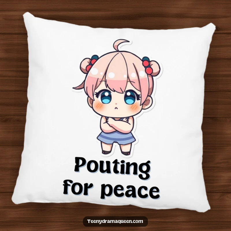 Funny pillow featuring a teeny character pouting with crossed arms, perfect for adding a touch of adorable stubbornness to any space.