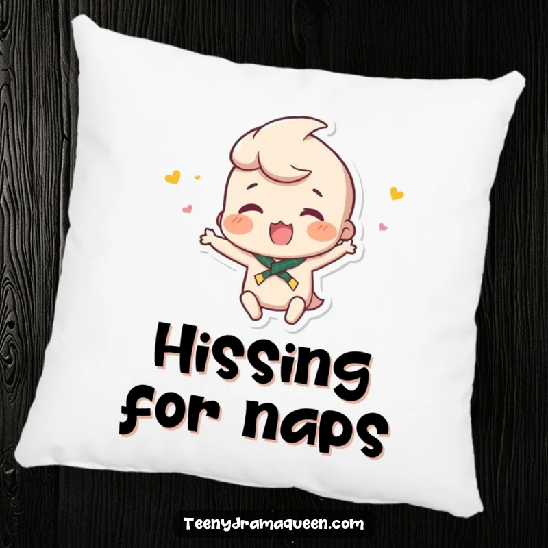 Funny pillow featuring a small character throwing a minuscule hissy fit, perfect for adding a touch of adorable drama to any space.