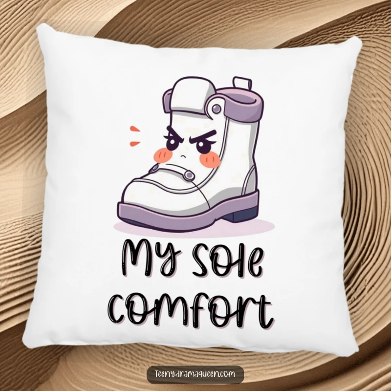 Funny Pillow with a small shoe character looking indignant and huffy, adding a touch of humorous comfort to any room.