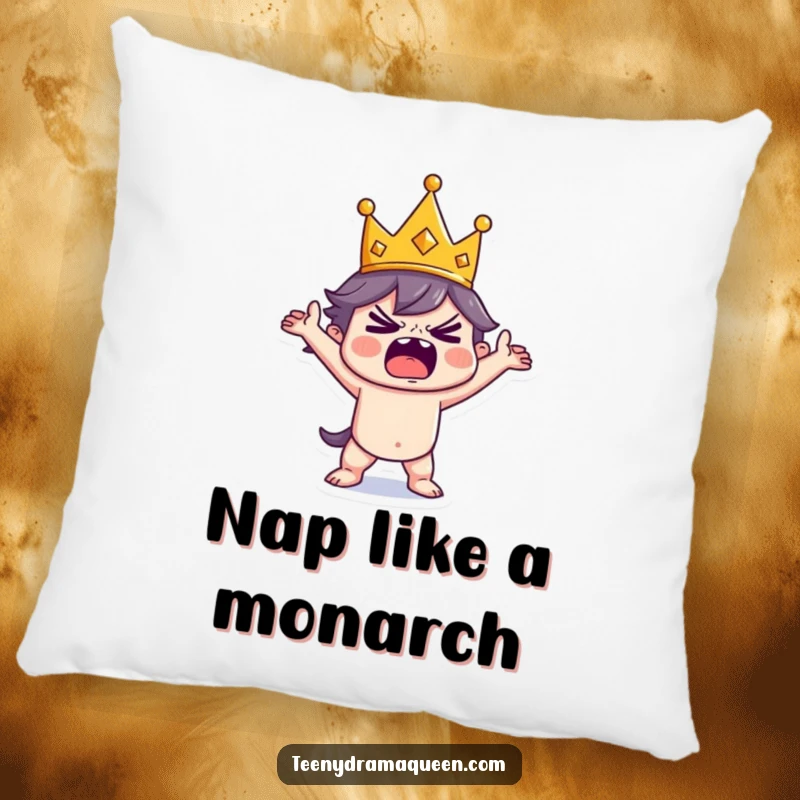 Funny Pillow design of a tiny crowned character dramatically striking a tantrum pose, a humorous and cozy accent piece.