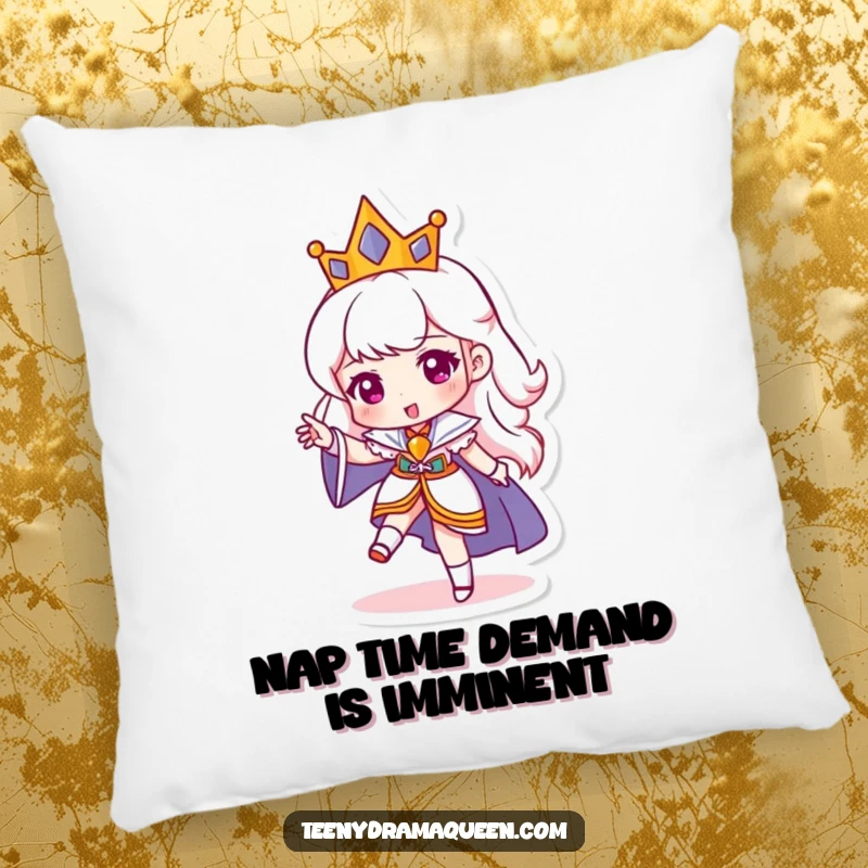 Funny pillow with a miniature queen character stomping her foot, offering a soft and humorous touch of royal drama. Perfect as a funny gift.