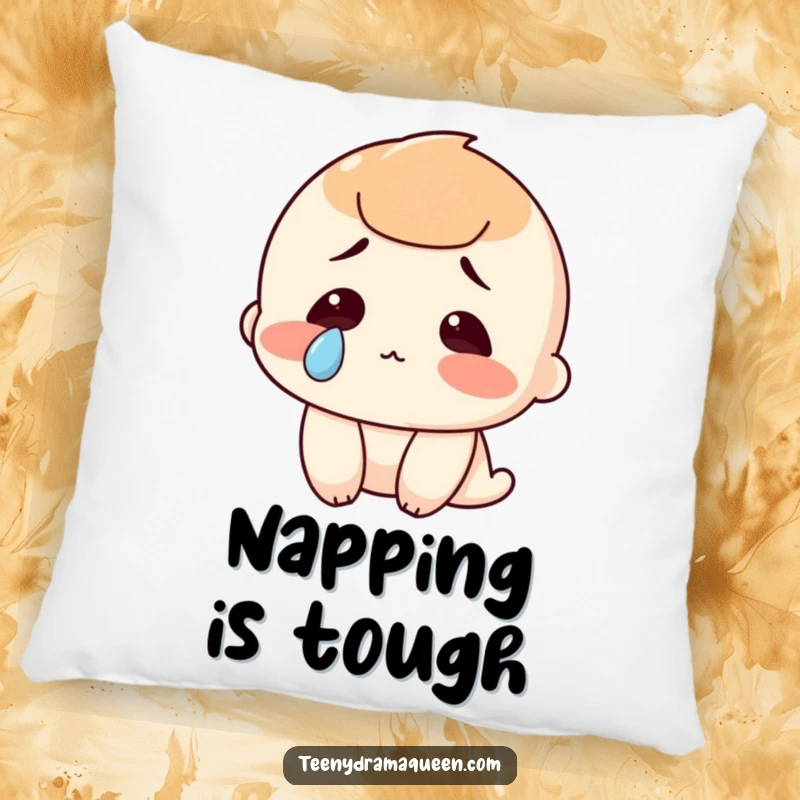 Funny pillow with a character exhibiting a single, poignant tear, offering humorous comfort and a touch of dramatic flair to any room.