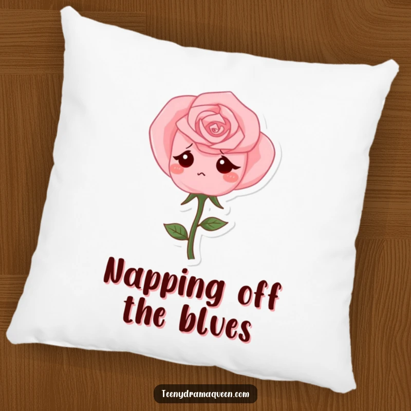 Funny Pillow with a pink rose character drooping sadly, offering humorous comfort and a touch of gentle melancholy.