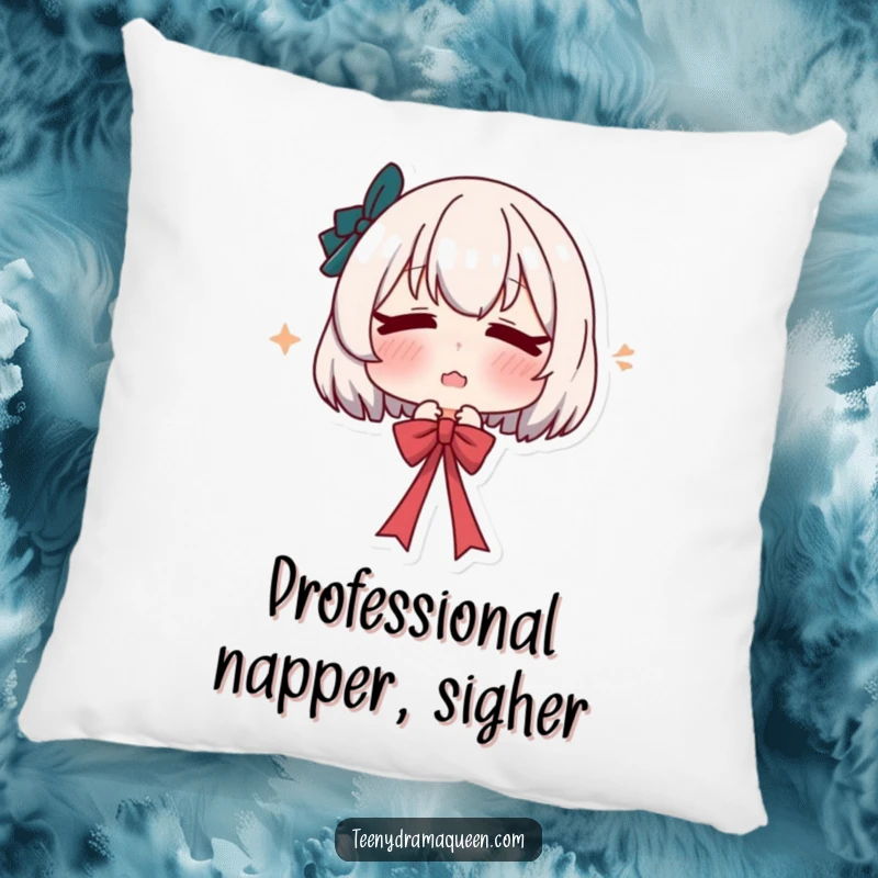 Funny pillow depicting a character pouting and dramatically sighing while letting go of a ribbon, offering comfort and humorous relatability.