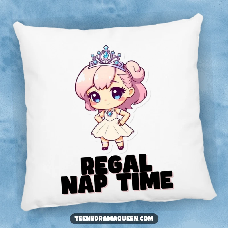 Funny pillow featuring a tiny character with a tiara, striking a dramatic pose, ideal for glamorous decor.