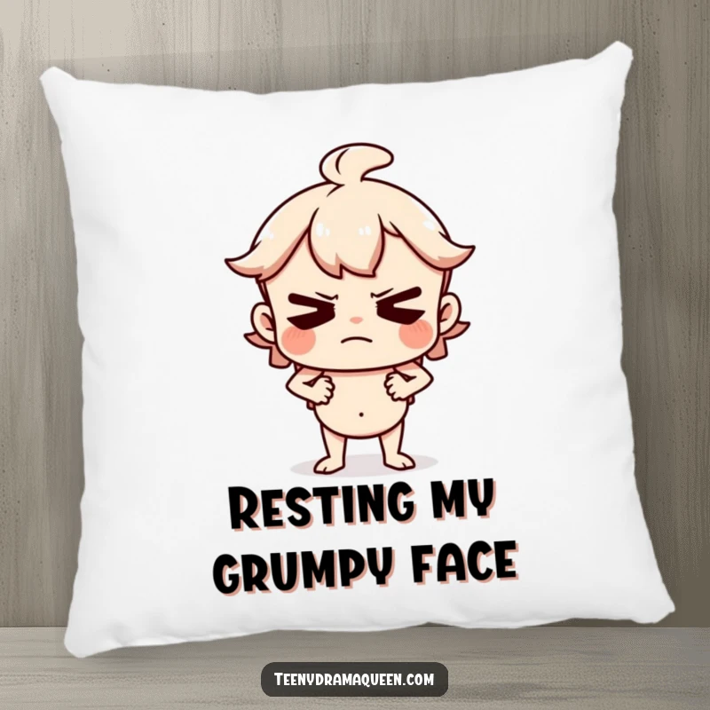 Funny Pillow design of a character huffing and puffing with hands on hips, a cozy and humorous representation of displeasure.