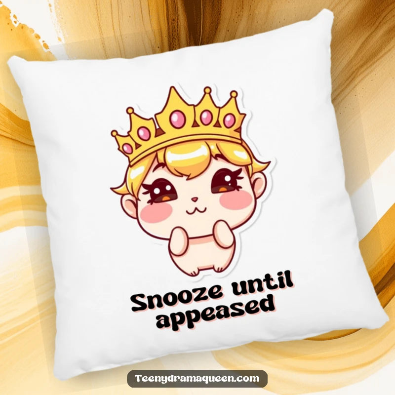 Funny pillow with a sassy crown character pouting with puffed cheeks, offering soft and humorous royal sass. Perfect funny gift.