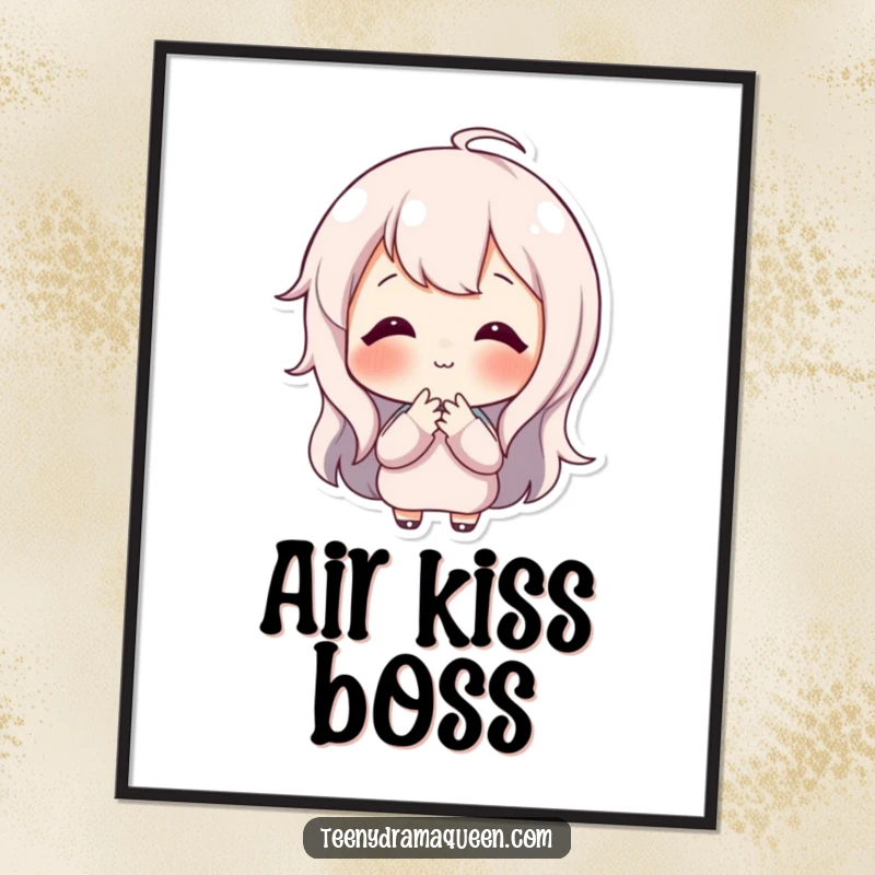 Funny digital art print of a happy character blowing a tiny, sweet kiss, ready to be printed and add charming humor.