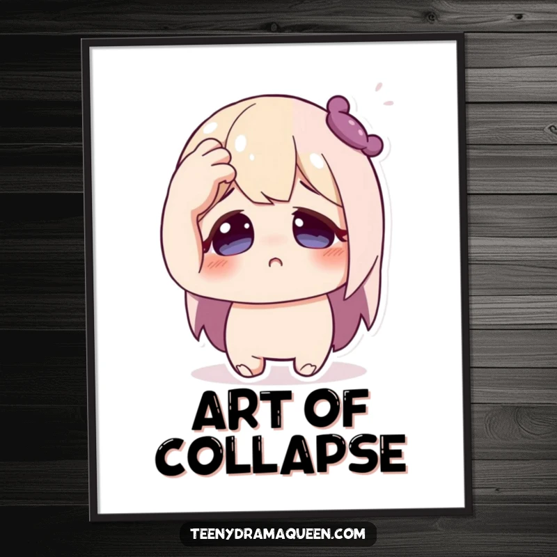 Funny digital art print of a cute character in a hilariously staged faint, hand to forehead, wide eyes, for immediate humorous display.