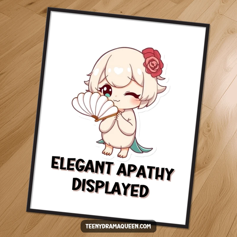 Funny digital art print of a character elegantly fanning themselves with a miniature feather fan, looking bored, embodying sophisticated humor.