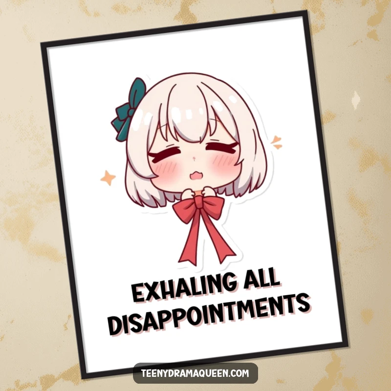 Funny digital art print of a character pouting and dramatically sighing while releasing a ribbon, embodying theatrical emotion and humor.