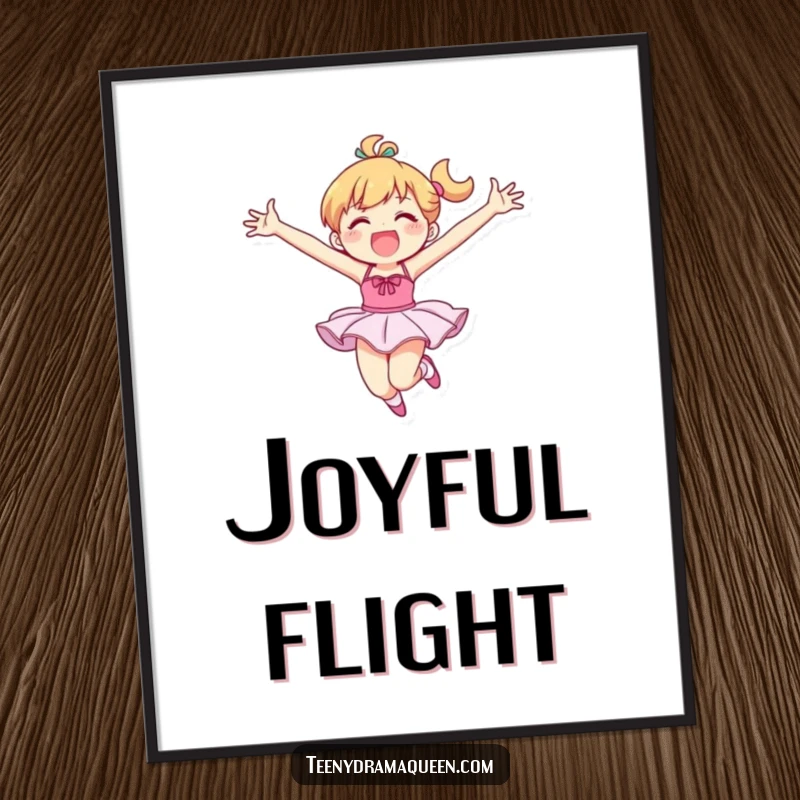 Funny digital art print of a character in a tutu performing an ecstatic leap, arms outstretched, celebrating the joy of dance.