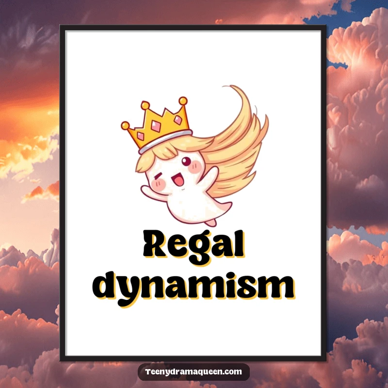 Funny digital art print of a tiny crown dramatically flying in a whirlwind, adding regal, humorous decor.