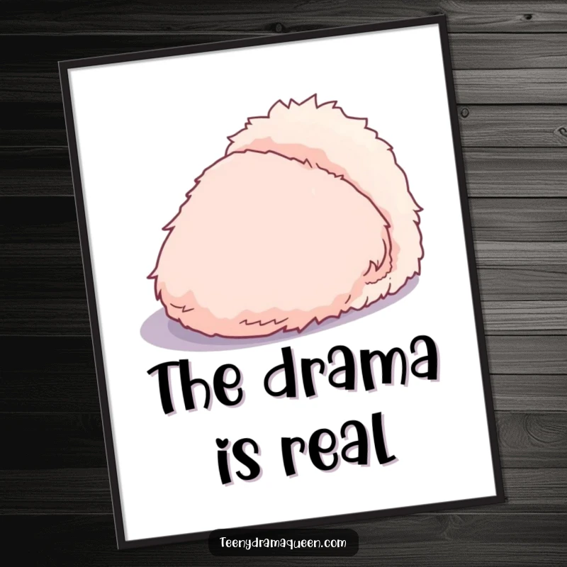 Funny digital art print of a dramatic, overly fluffy slipper casting a large, exaggerated shadow, adding playful grandeur to any room.