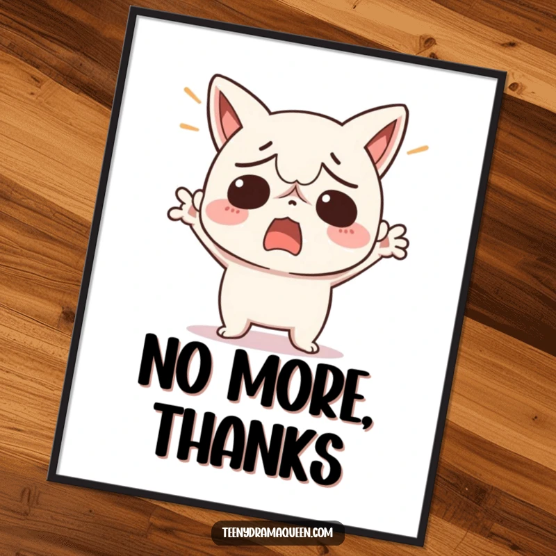 Funny digital art print of a kawaii character dramatically throwing its hands up in the air, capturing a moment of pure exasperation.