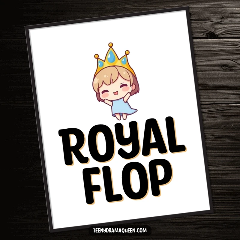 Funny digital art print of a tiara-wearing character in a dramatic fall. High-resolution, perfect for instant wall decor and theatrical humor.