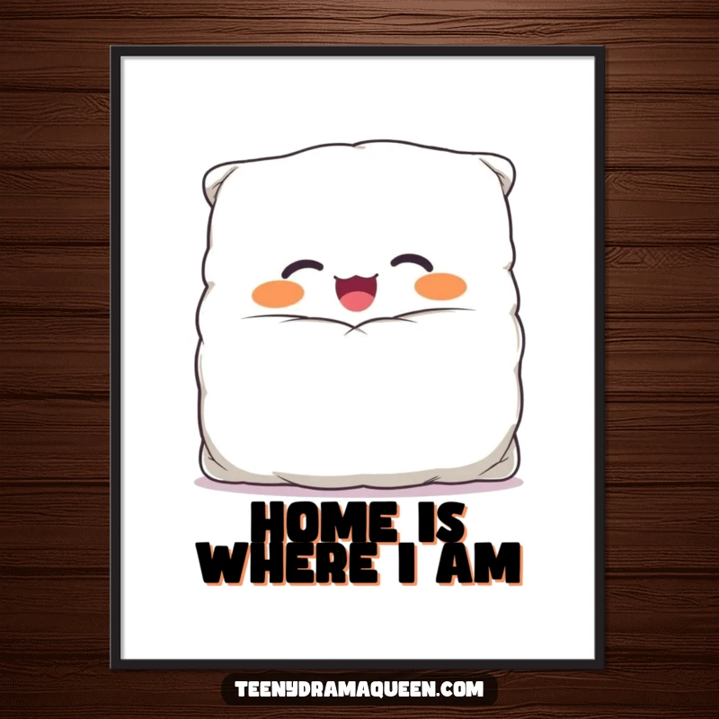 Funny digital art print of a giggling, overstuffed pillow character with a comically large case, radiating happiness and playful energy.