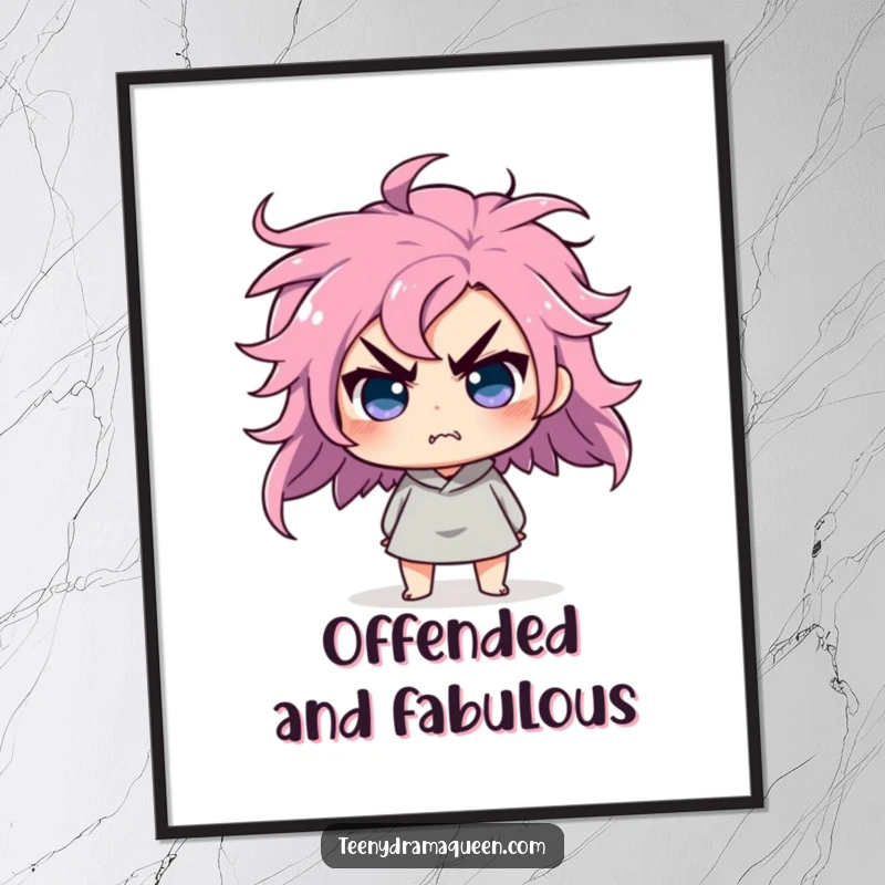 Funny digital art print of a character doing a dramatic hair flip, looking affronted, for decor.