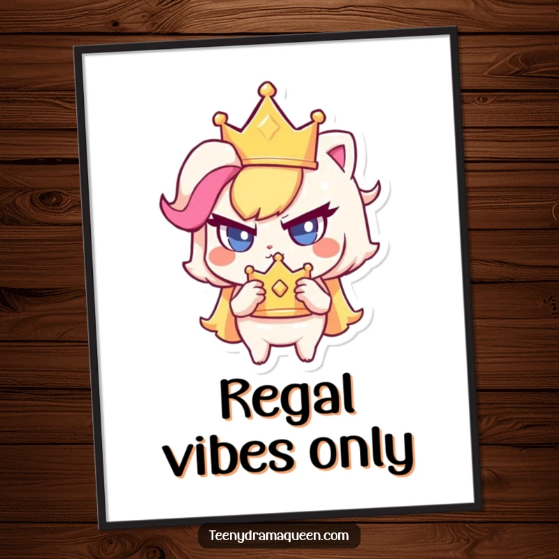 Funny digital art print of a small character clutching a sparkly crown with a haughty glare, perfect for instant regal humor.