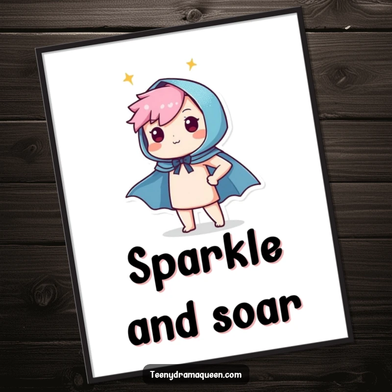 Funny digital art print of a character proudly donning a tiny, sparkly cape, perfect for instant heroic wall decor.